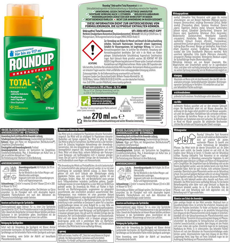Substral Unkrautbekämpfungsmittel Roundup Total Konzentrat 270 ml Unkrautfrei Unkrautvernichter – Bild 2 von 5