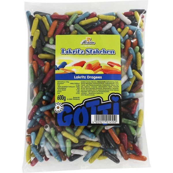 Rexim Süßigkeit Rexim Lakritz Stäbchen Dragees 600g – Bunte Lakritz Stafetten, 600 g