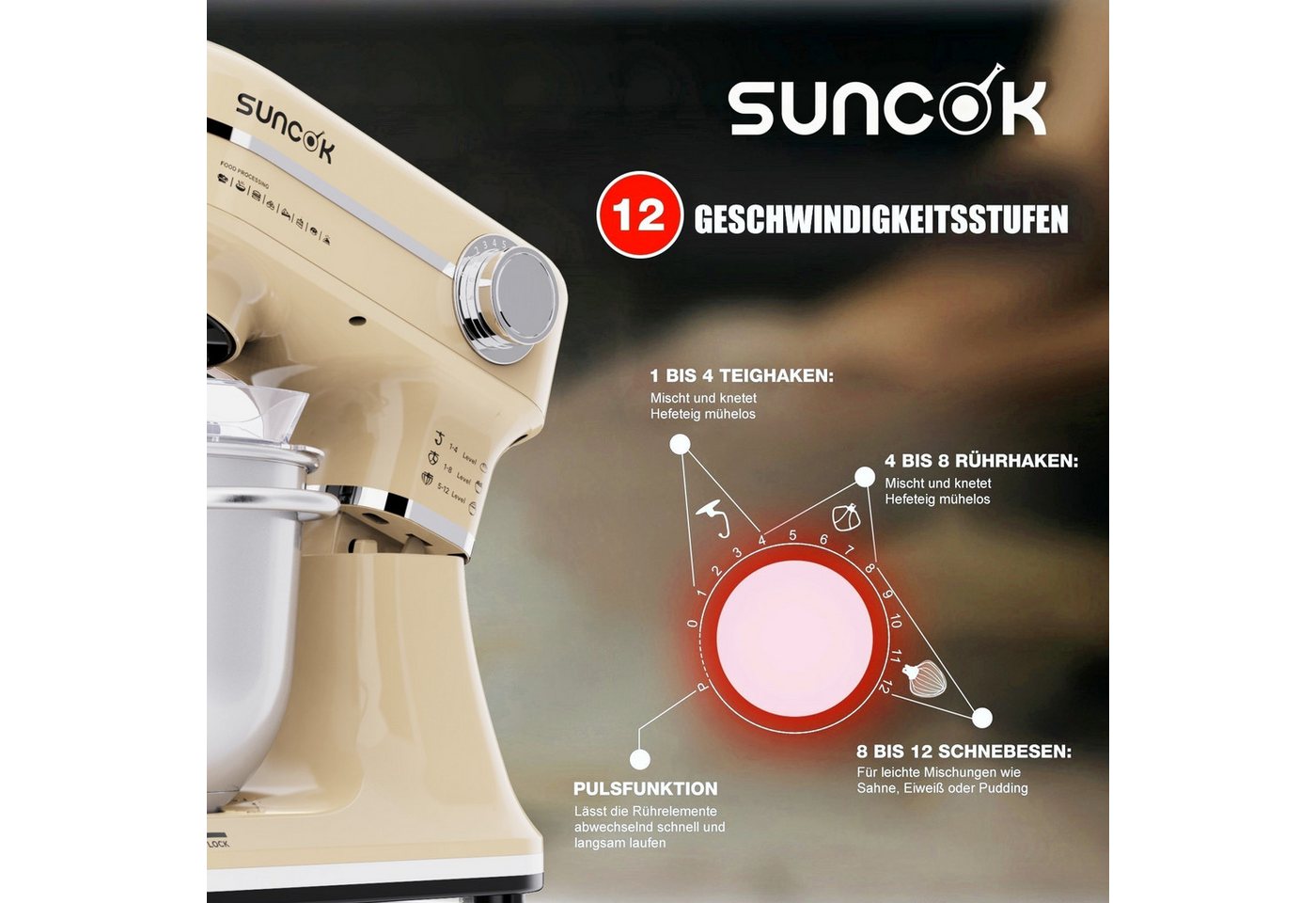 SUNCOK Küchenmaschine Multifunktionale Knetmaschine, 12-Geschwindigkeit, 59 Dezibel. geeignet zum Backen und Kneten von Teig, 1500 W, Elektrische Küchenmaschine – Bild 2 von 5