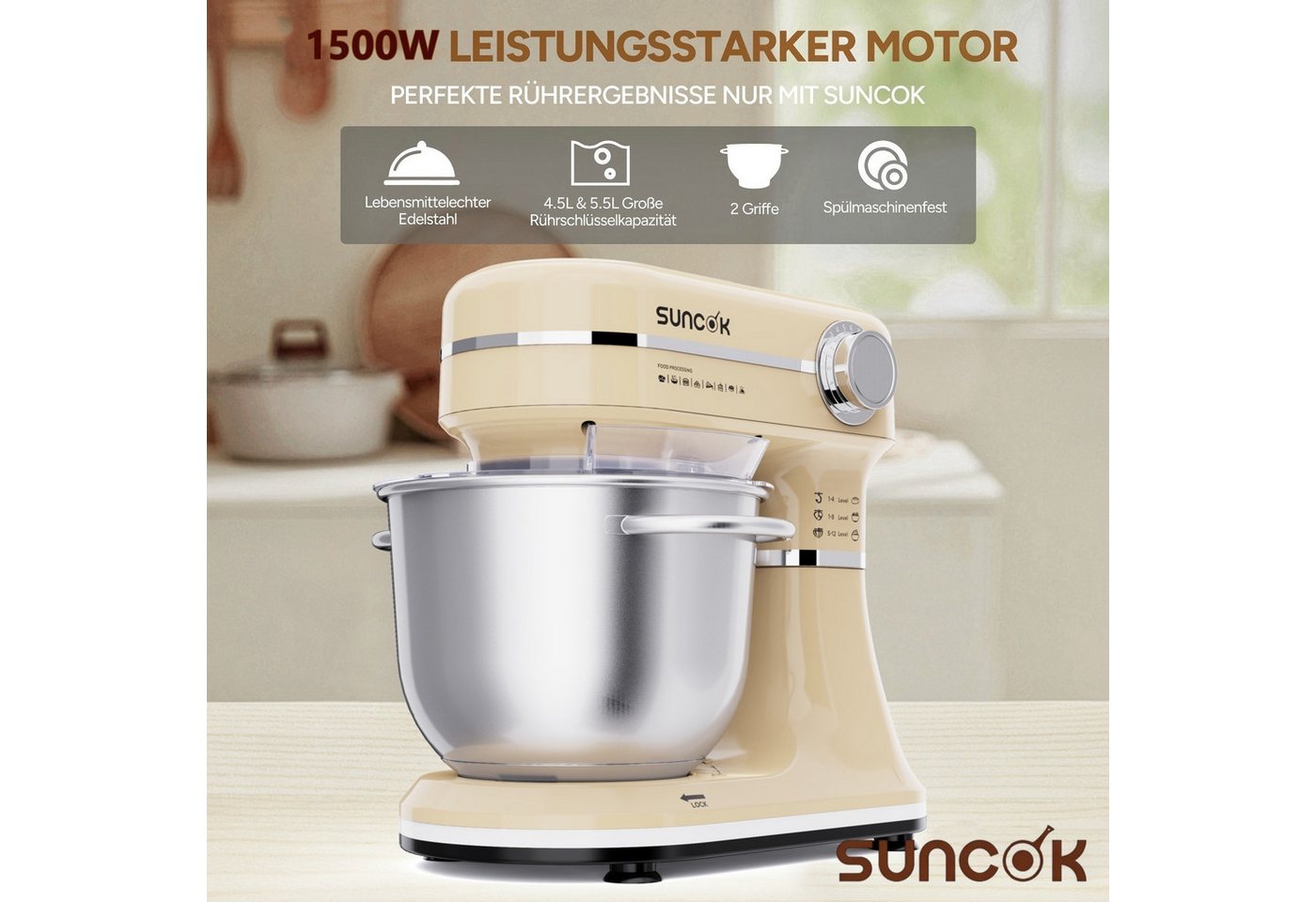 SUNCOK Küchenmaschine Multifunktionale Knetmaschine, 12-Geschwindigkeit, 59 Dezibel. geeignet zum Backen und Kneten von Teig, 1500 W, Elektrische Küchenmaschine – Bild 3 von 5