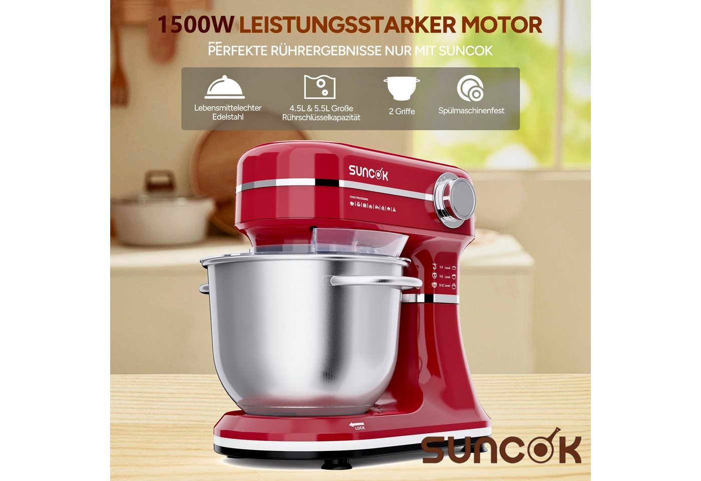 SUNCOK Küchenmaschine Multifunktionale Knetmaschine, 12-Geschwindigkeit, 59 Dezibel. geeignet zum Backen und Kneten von Teig, 1500 W, Elektrische Küchenmaschine – Bild 3 von 5