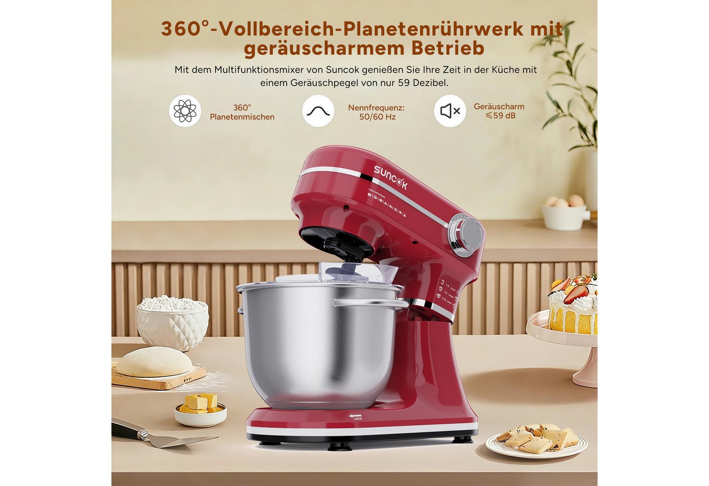 SUNCOK Küchenmaschine Multifunktionale Knetmaschine, 12-Geschwindigkeit, 59 Dezibel. geeignet zum Backen und Kneten von Teig, 1500 W, Elektrische Küchenmaschine – Bild 5 von 5