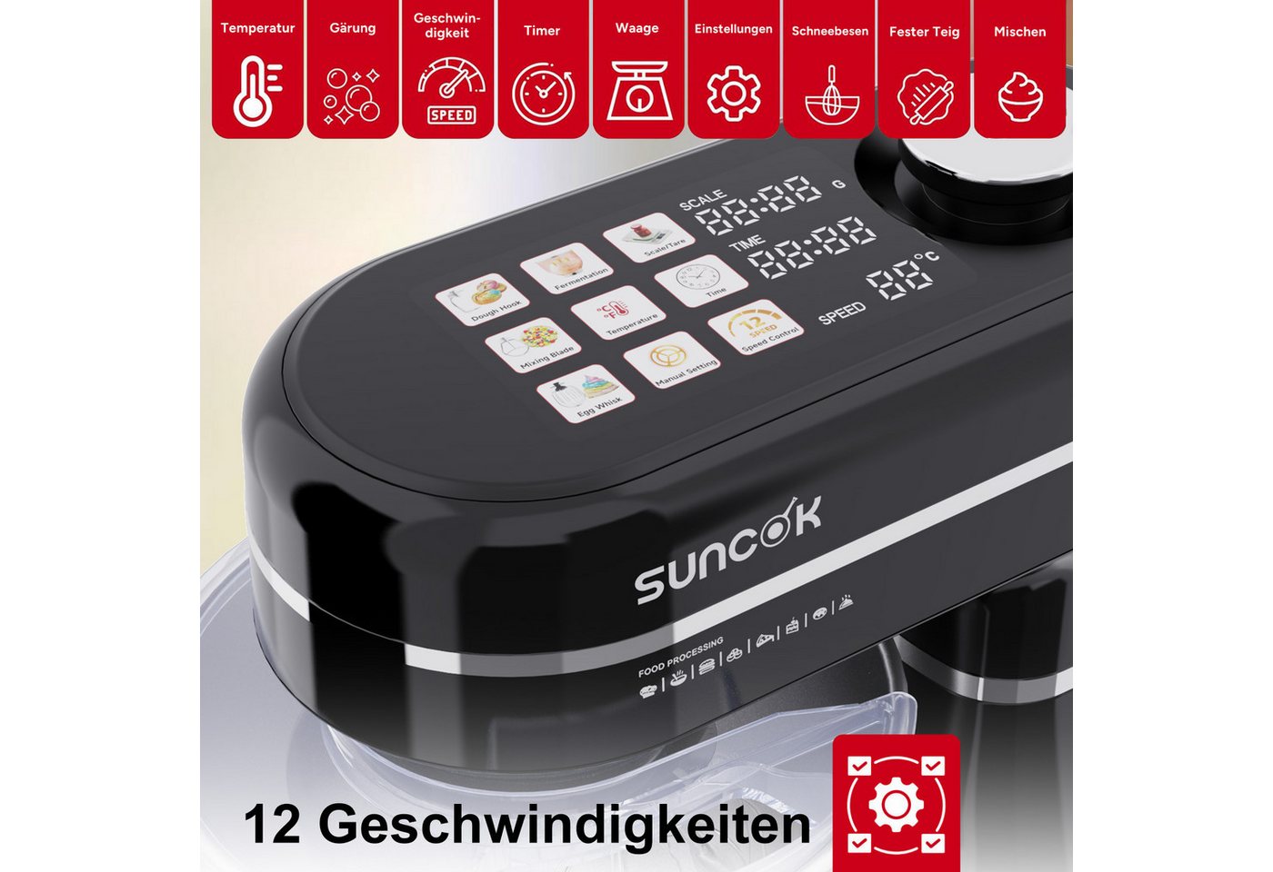 SUNCOK Küchenmaschine Multifunktionale Knetmaschine, 12-Geschwindigkeit, 59 Dezibel. geeignet zum Backen und Kneten von Teig, 1500 W, Elektrische Küchenmaschine – Bild 4 von 5