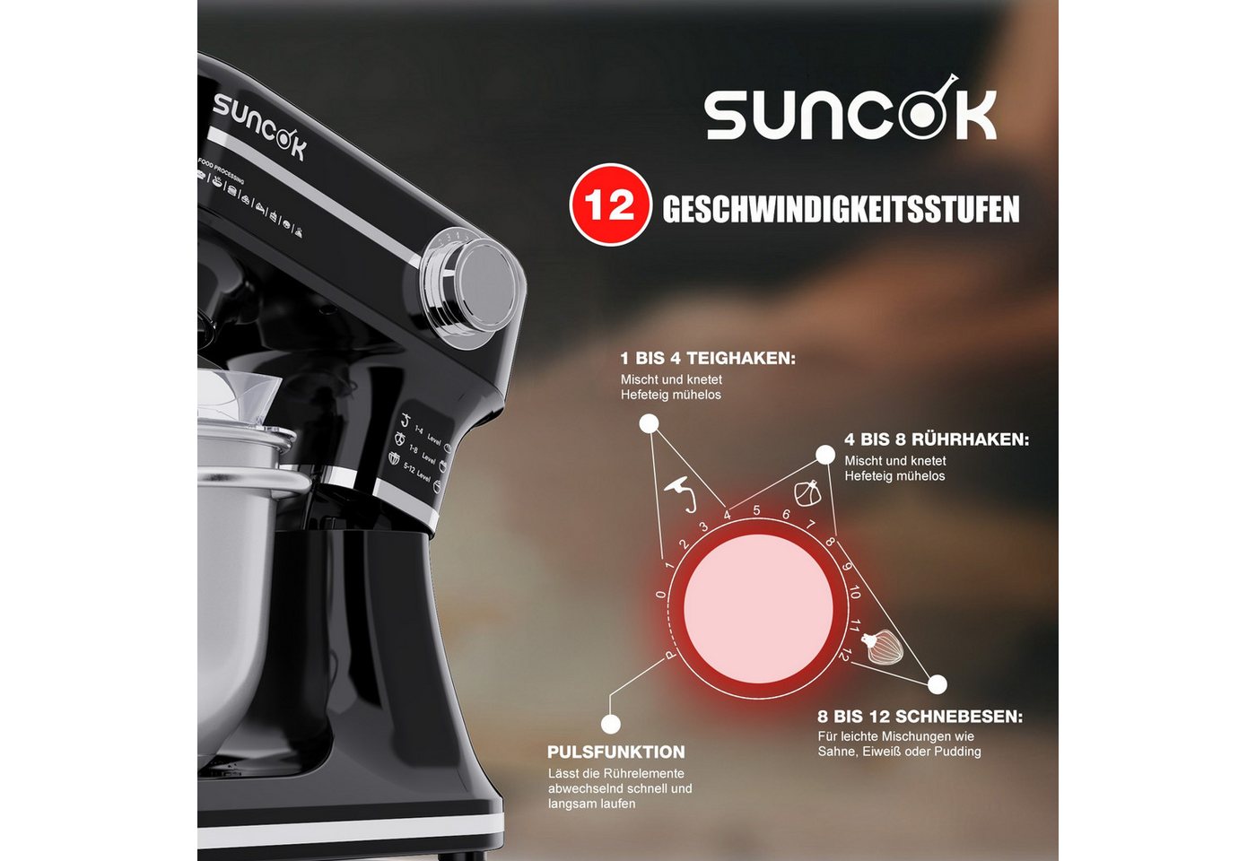 SUNCOK Küchenmaschine Multifunktionale Knetmaschine, 12-Geschwindigkeit, 59 Dezibel. geeignet zum Backen und Kneten von Teig, 1500 W, Elektrische Küchenmaschine – Bild 2 von 5