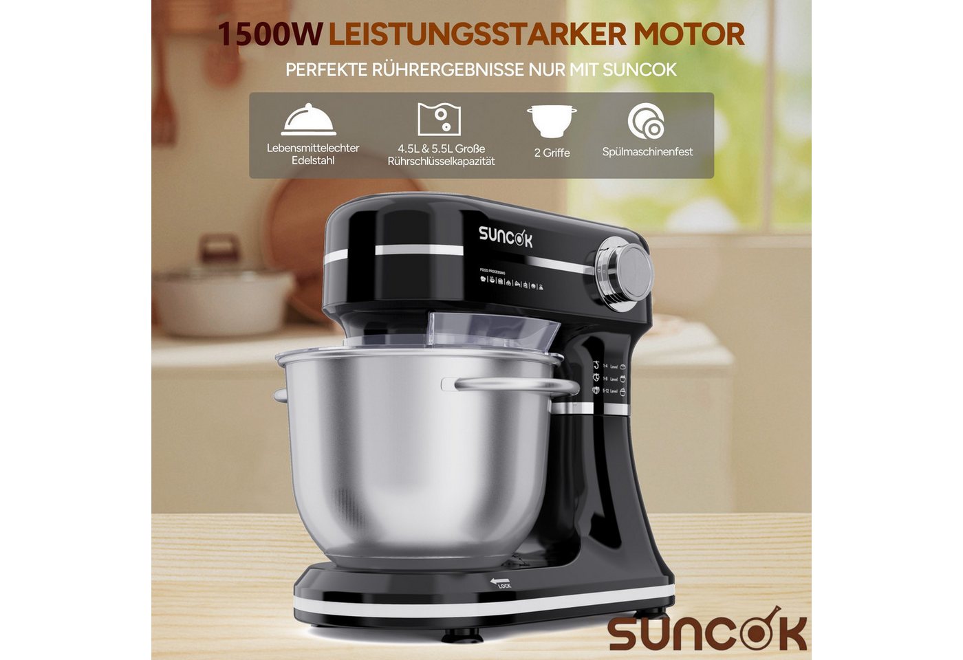 SUNCOK Küchenmaschine Multifunktionale Knetmaschine, 12-Geschwindigkeit, 59 Dezibel. geeignet zum Backen und Kneten von Teig, 1500 W, Elektrische Küchenmaschine – Bild 3 von 5