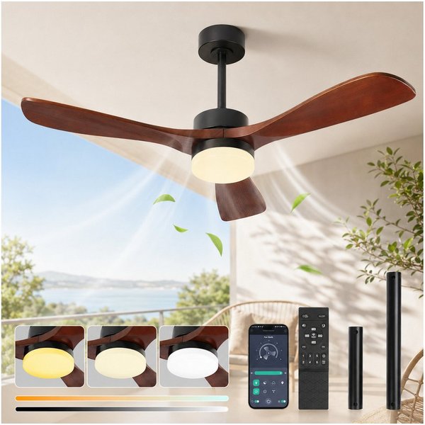 Sunicol Deckenventilator mit Beleuchtung, Dimmbar, Deckenlampe Ventilator 6 Windgeschwindigkeit, Flügel aus Massivholz, Leise, mit Fernbedienung&App, Timer