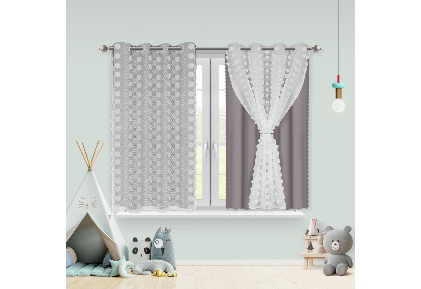 Sunicol Gardine Verdunklungsvorhänge Kinderzimmer, Doppellagiger Vorhang mit Pompom (2 St), Kinder Blickdicht Voile Ösenschal Dekoration für Schlafzimmer – Bild 3 von 5