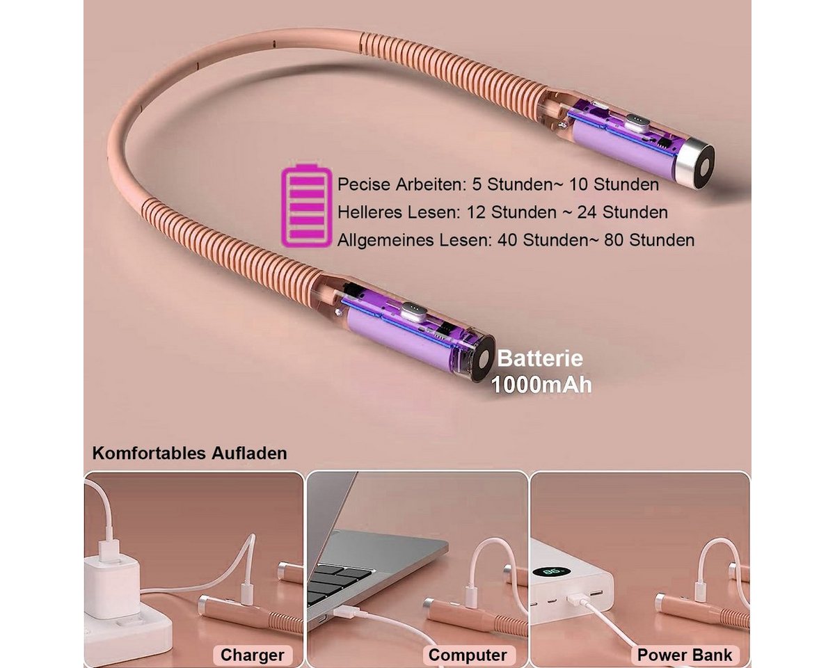 Sunicol LED Leselampe Hals Leselampe Buch, 3 Farben und 3 Helligkeitsstufen, Wiederaufladbar, Halslampe für Lesen Stricken Häkeln Nähen Campen Reparieren – Bild 5 von 5