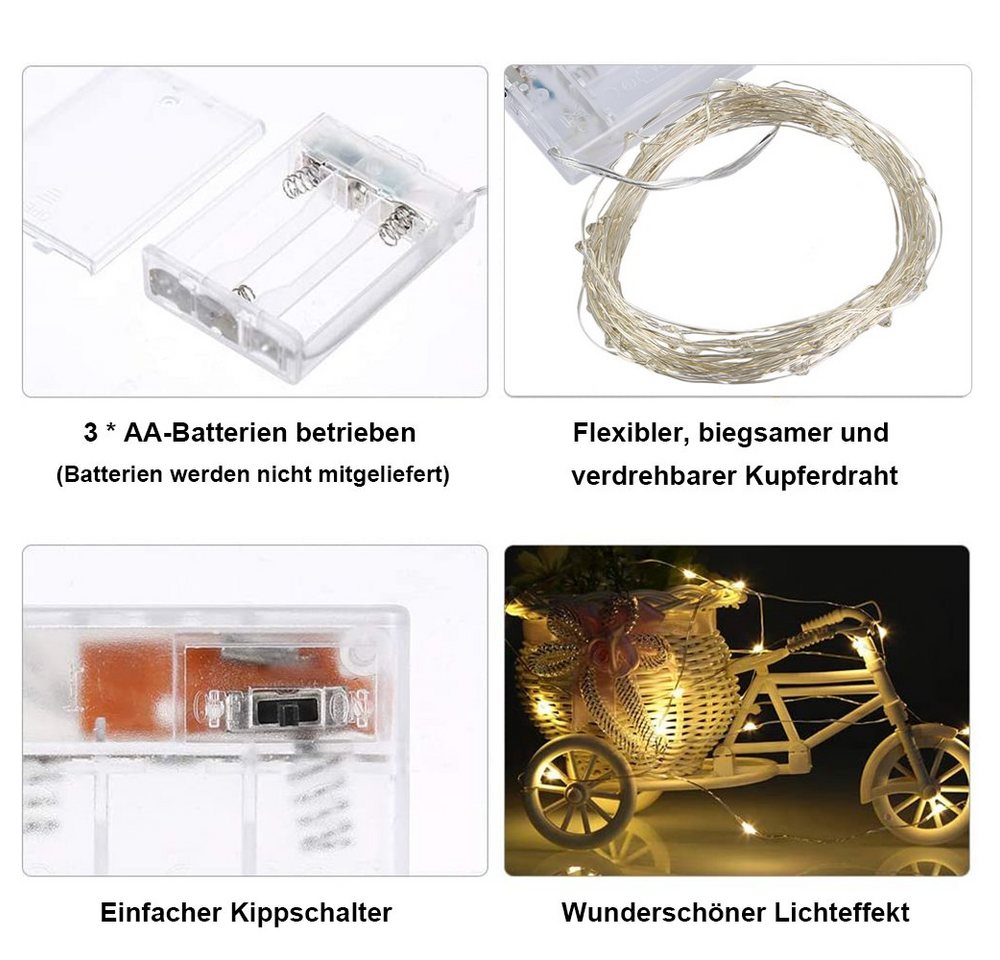 Sunicol LED-Lichterkette 2/3/5/10M, Kupferdraht, AA-Batterie, für Weihnachten Hochzeit Party – Bild 2 von 5