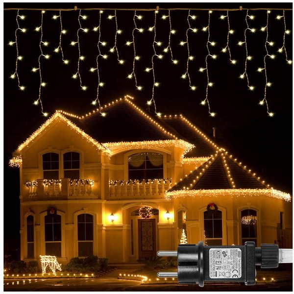 Sunicol LED-Lichtervorhang 5/10/15M, 8 Modi Anschliessbar Eisregen Lichterkette, Speicherfunktion, 31V Sichere Spannung, Timer, für Weihnachtsdeko Traufe Garten