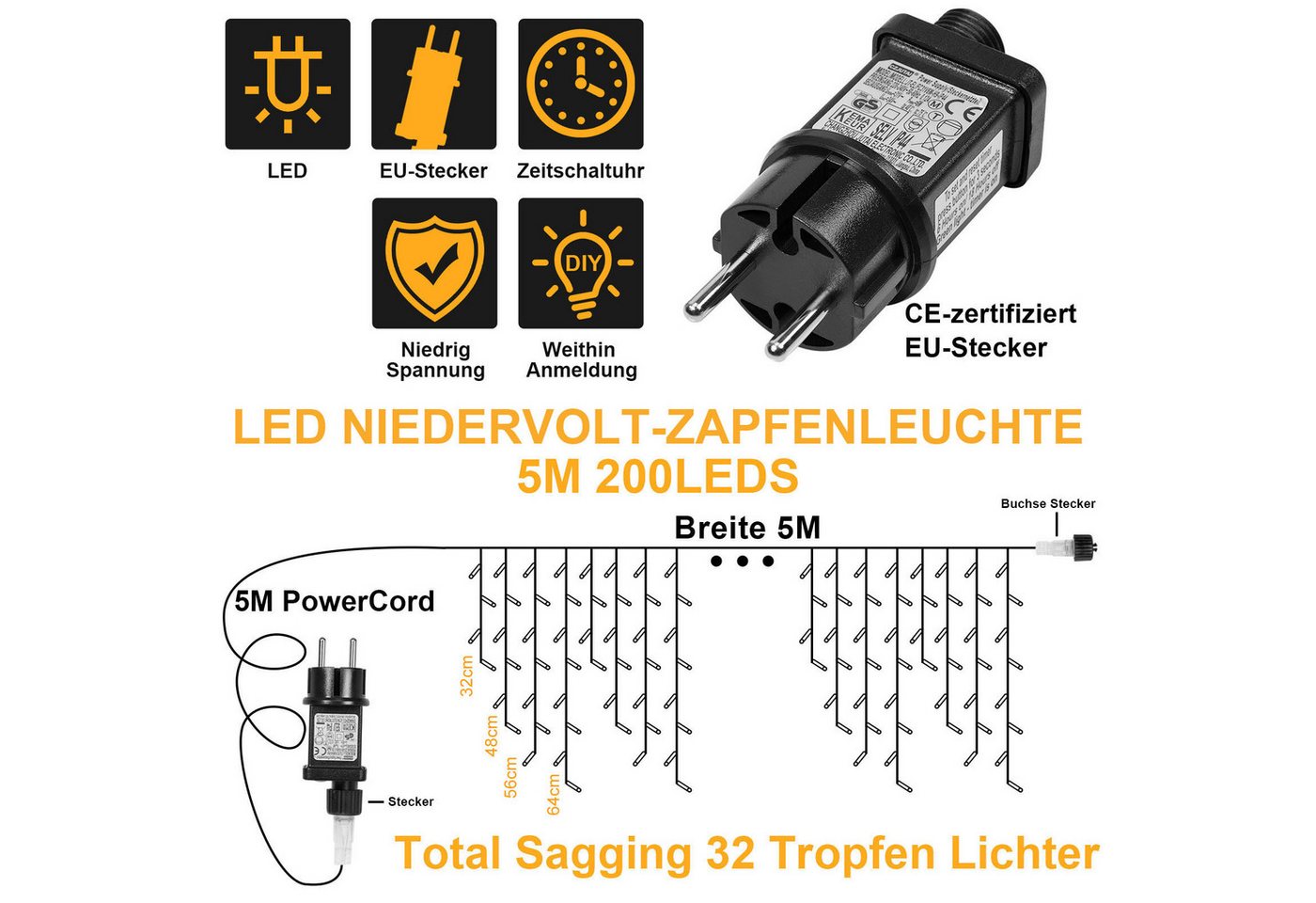 Sunicol LED-Lichtervorhang 5/10/15M, 8 Modi Anschliessbar Eisregen Lichterkette, Speicherfunktion, 31V Sichere Spannung, Timer, für Weihnachtsdeko Traufe Garten – Bild 2 von 5
