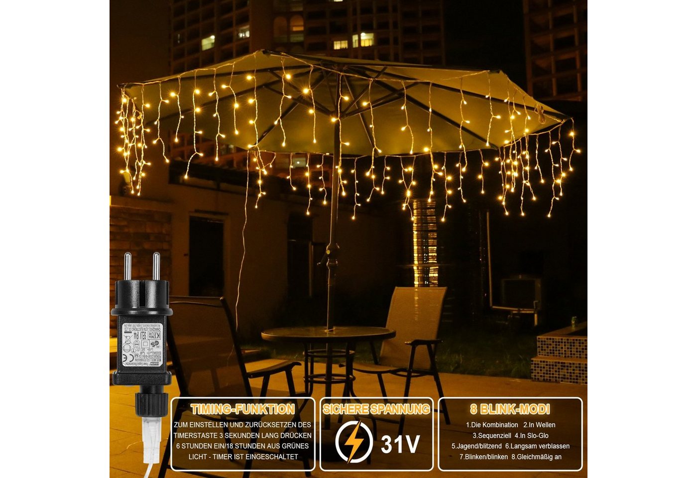 Sunicol LED-Lichtervorhang 5/10/15M, 8 Modi Anschliessbar Eisregen Lichterkette, Speicherfunktion, 31V Sichere Spannung, Timer, für Weihnachtsdeko Traufe Garten – Bild 3 von 5