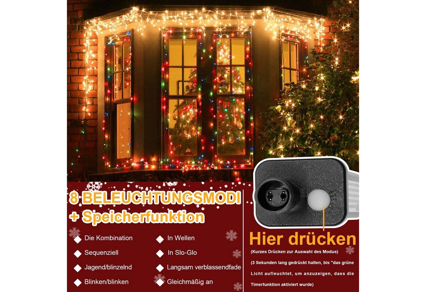 Sunicol LED-Lichtervorhang 5/10/15M, 8 Modi Anschliessbar Eisregen Lichterkette, Speicherfunktion, 31V Sichere Spannung, Timer, für Weihnachtsdeko Traufe Garten – Bild 5 von 5