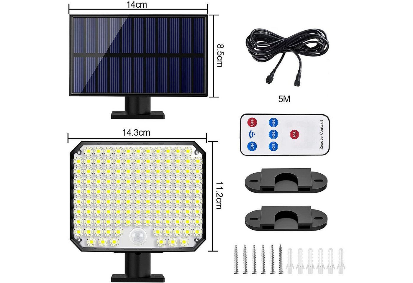 Sunicol LED Solarleuchte für Außen, 118 LED Solarleuchte mit Bewegungsmelder, 5m Kabel, IP65, 120°Beleuchtungswinkel, Solar Wandleuchte für Garten – Bild 2 von 5