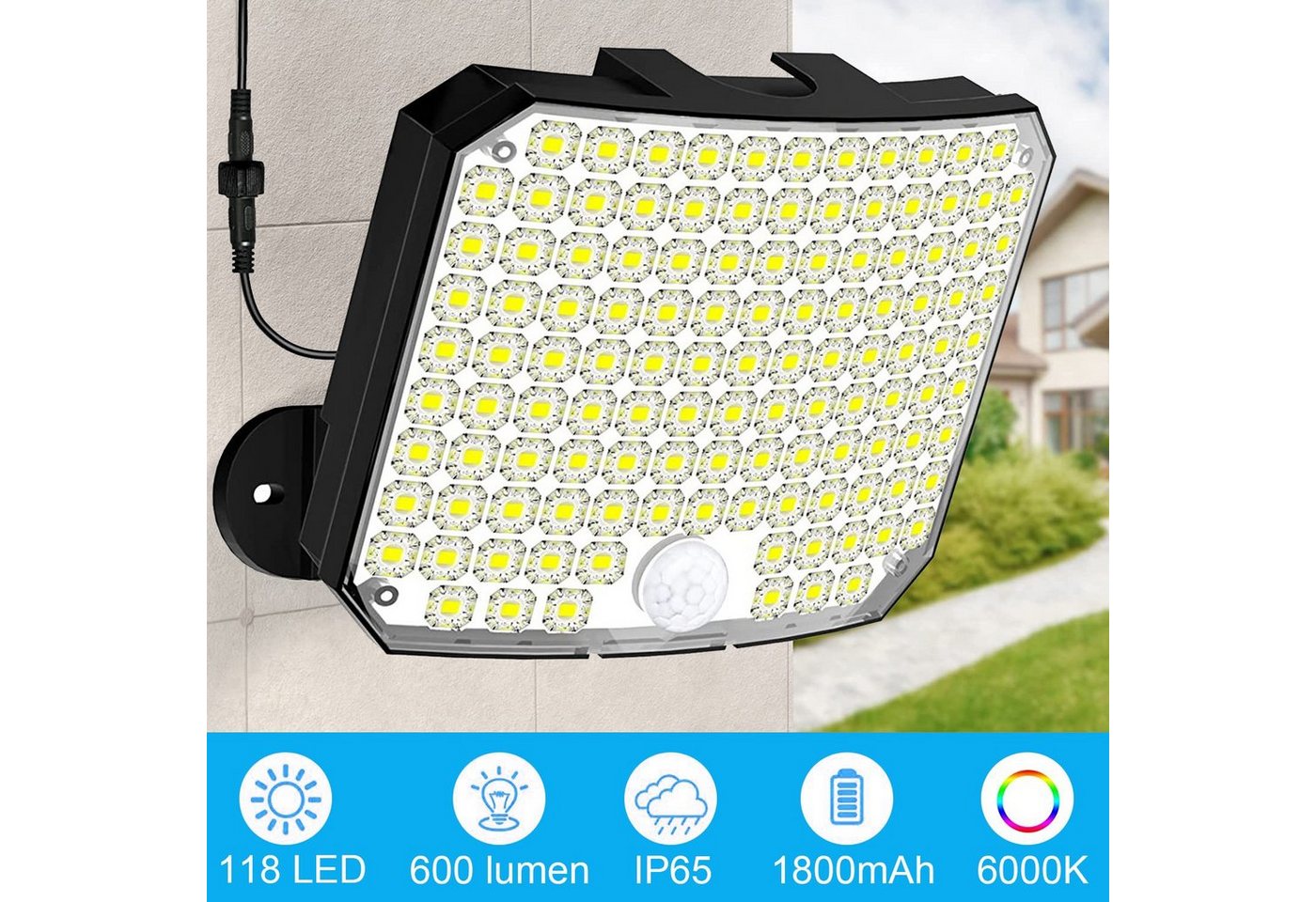 Sunicol LED Solarleuchte für Außen, 118 LED Solarleuchte mit Bewegungsmelder, 5m Kabel, IP65, 120°Beleuchtungswinkel, Solar Wandleuchte für Garten – Bild 3 von 5
