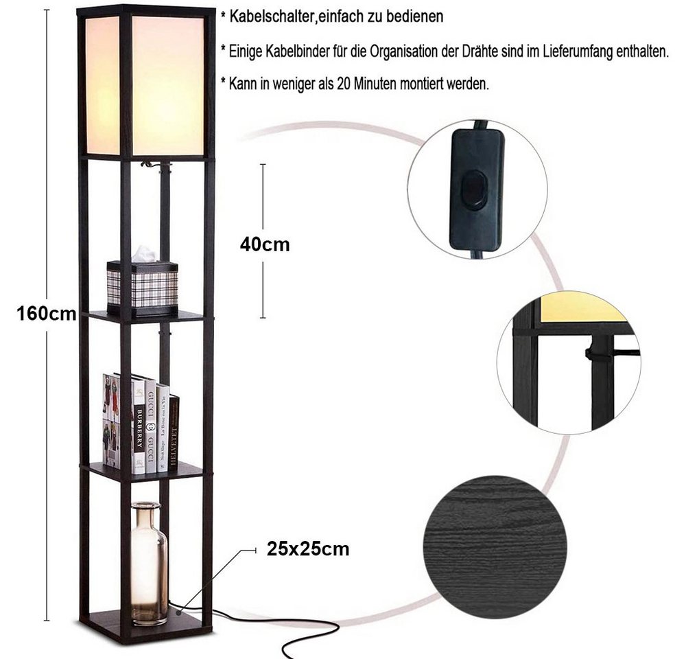 Sunicol LED Stehlampe Stehlampe aus Holz, Stehleuchte mit Regal, Holzablage mit E27 Fassung, Eckregal Regalbeleuchtung Retro für Wohnzimmer Schlafzimmer – Bild 2 von 5