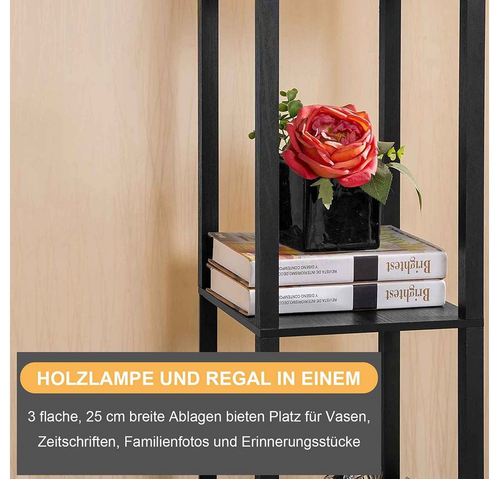 Sunicol LED Stehlampe Stehlampe aus Holz, Stehleuchte mit Regal, Holzablage mit E27 Fassung, Eckregal Regalbeleuchtung Retro für Wohnzimmer Schlafzimmer – Bild 3 von 5