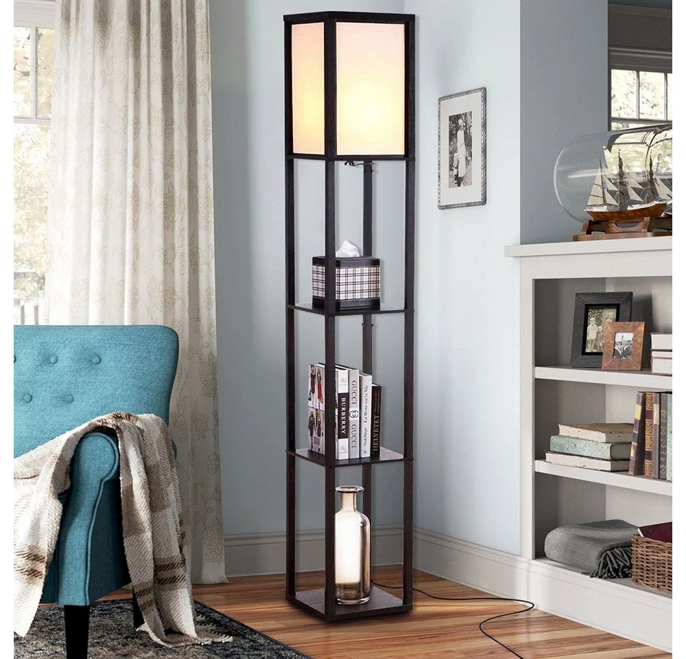 Sunicol LED Stehlampe Stehlampe aus Holz, Stehleuchte mit Regal, Holzablage mit E27 Fassung, Eckregal Regalbeleuchtung Retro für Wohnzimmer Schlafzimmer – Bild 4 von 5