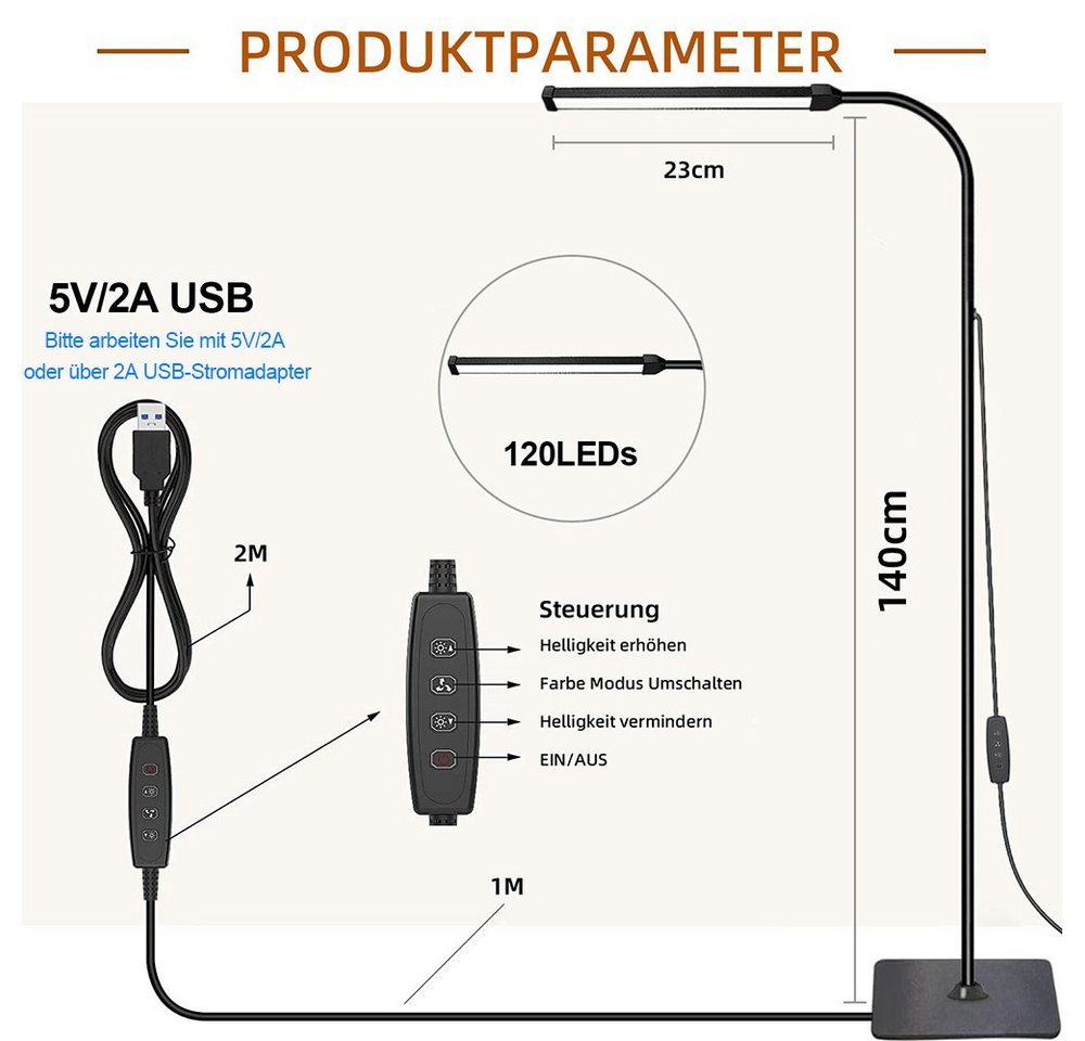 Sunicol LED Stehlampe LED Modern Stehleuchte Leselampe,360°drehbar,Höhe Einstellbar, Dimmbar, 3 Lichtfarben, 3000K Warmweiß, 4500K Naturweiß, 6500K Kaltweiß, fü – Bild 2 von 5