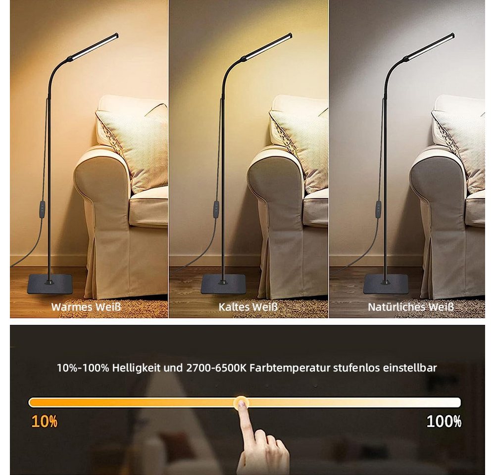 Sunicol LED Stehlampe LED Modern Stehleuchte Leselampe,360°drehbar,Höhe Einstellbar, Dimmbar, 3 Lichtfarben, 3000K Warmweiß, 4500K Naturweiß, 6500K Kaltweiß, fü – Bild 3 von 5