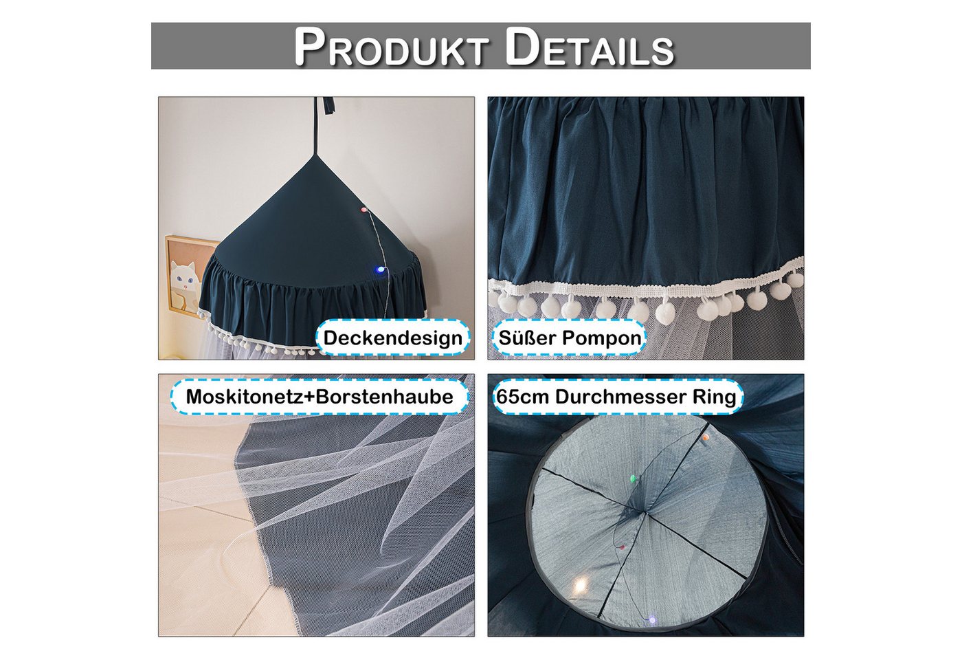 Sunicol Moskitonetz Doppelschicht Moskitonetz, Bett Baldachin, Lichtblockierung Kuppel, Faltbares Pompon Moskitonetz Bett für Kinderzimmer – Bild 2 von 5