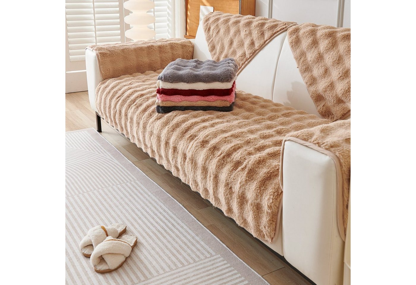 Sunicol Sofabezug Plüsch Dick Sofa Sitzkissenbezug, Couchbezug, Antirutsch, Winter Warme, Superweiche SofaÜberwurf aus Kunstpelz für Wohnzimmer – Bild 4 von 5