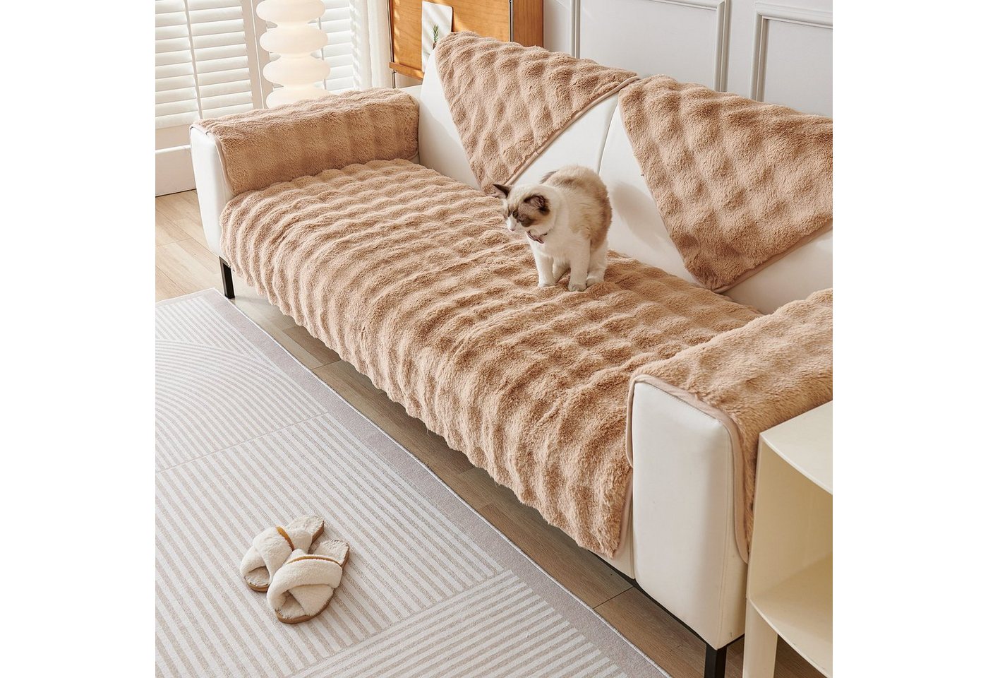 Sunicol Sofabezug Plüsch Dick Sofa Sitzkissenbezug, Couchbezug, Antirutsch, Winter Warme, Superweiche SofaÜberwurf aus Kunstpelz für Wohnzimmer – Bild 5 von 5