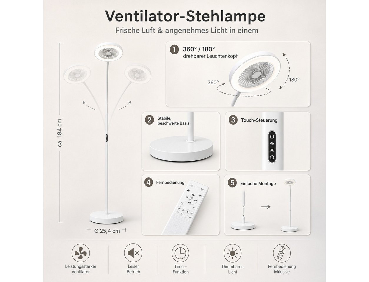 Sunicol Standventilator Dimmbare RGB Stehlampe mit Ventilator, 3 Windgeschwindigkeiten, mit Fernbedienung, Flexibler Schwanenhals, 3000K-6500K – Bild 3 von 5