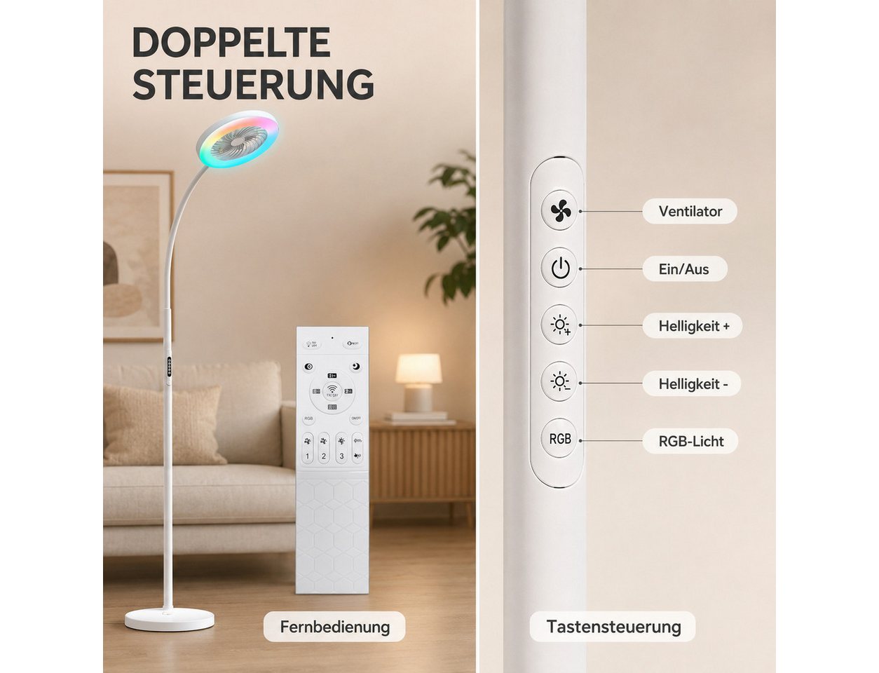 Sunicol Standventilator Dimmbare RGB Stehlampe mit Ventilator, 3 Windgeschwindigkeiten, mit Fernbedienung, Flexibler Schwanenhals, 3000K-6500K – Bild 4 von 5