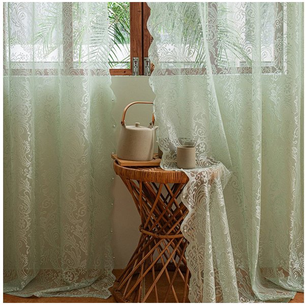 Sunicol Vorhang 2er Set Transparent Gardinen mit Spitze Blumen Bestickte, Voile Vorhänge Luftig Dekoschal für Wohnzimmer Schlafzimmer, Mintgrün