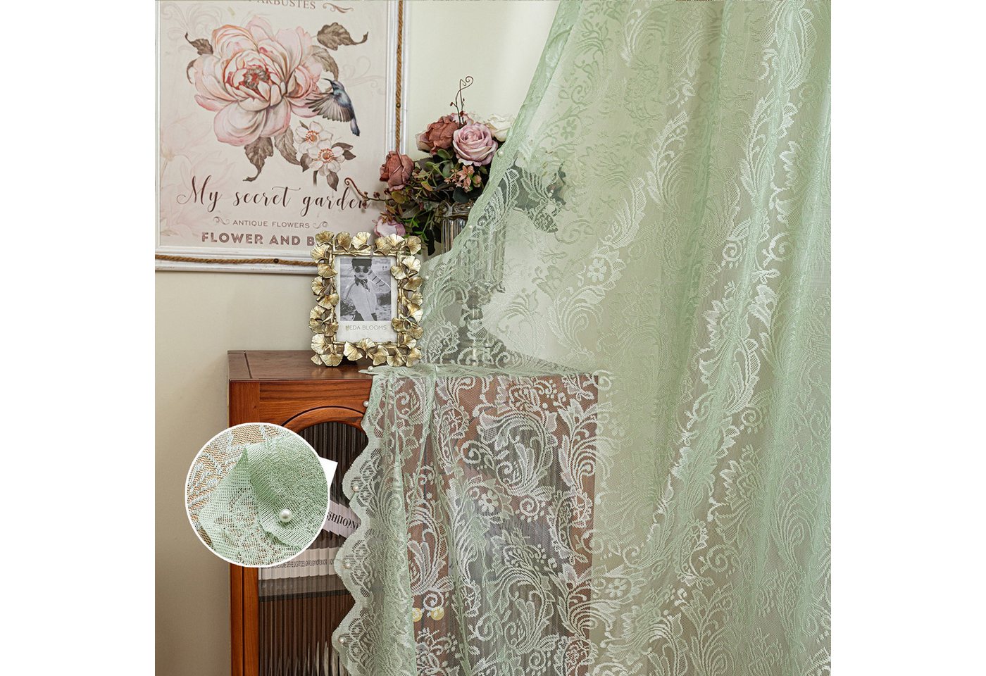 Sunicol Vorhang 2er Set Transparent Gardinen mit Spitze Blumen Bestickte, Voile Vorhänge Luftig Dekoschal für Wohnzimmer Schlafzimmer, Mintgrün – Bild 2 von 5