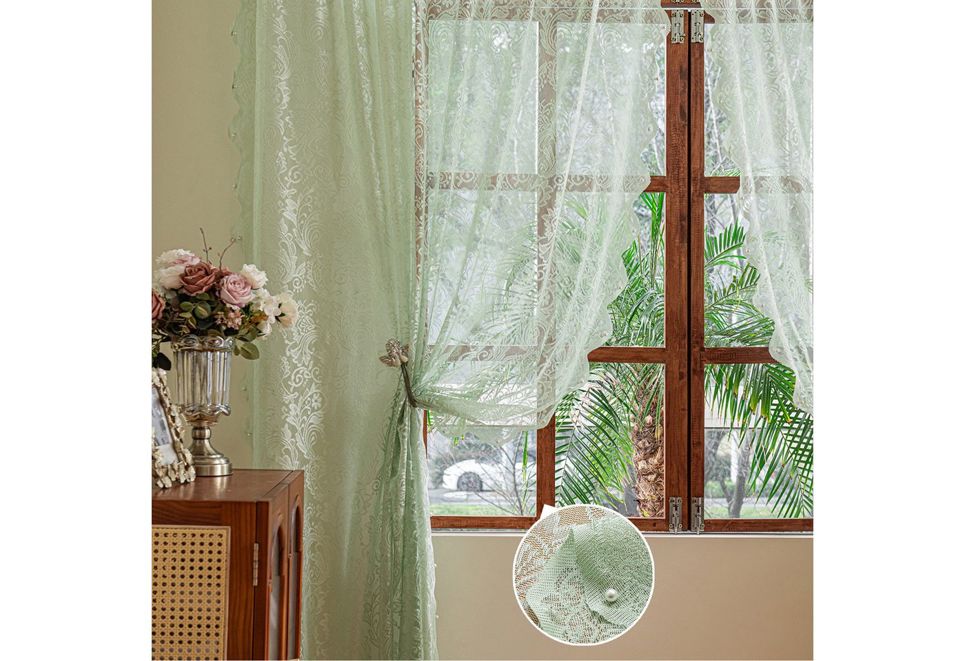 Sunicol Vorhang 2er Set Transparent Gardinen mit Spitze Blumen Bestickte, Voile Vorhänge Luftig Dekoschal für Wohnzimmer Schlafzimmer, Mintgrün – Bild 3 von 5