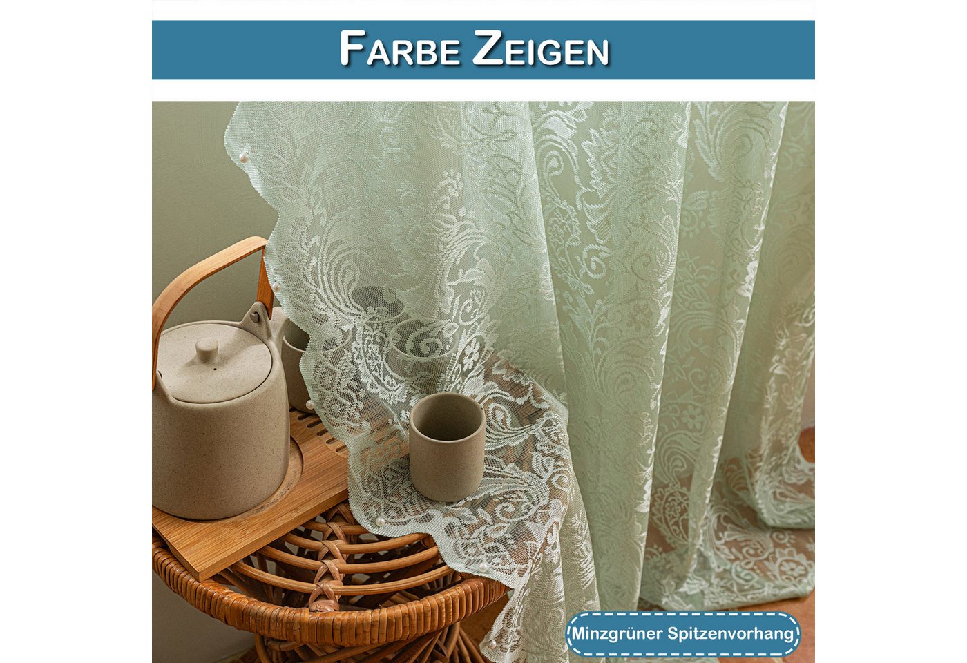 Sunicol Vorhang 2er Set Transparent Gardinen mit Spitze Blumen Bestickte, Voile Vorhänge Luftig Dekoschal für Wohnzimmer Schlafzimmer, Mintgrün – Bild 5 von 5