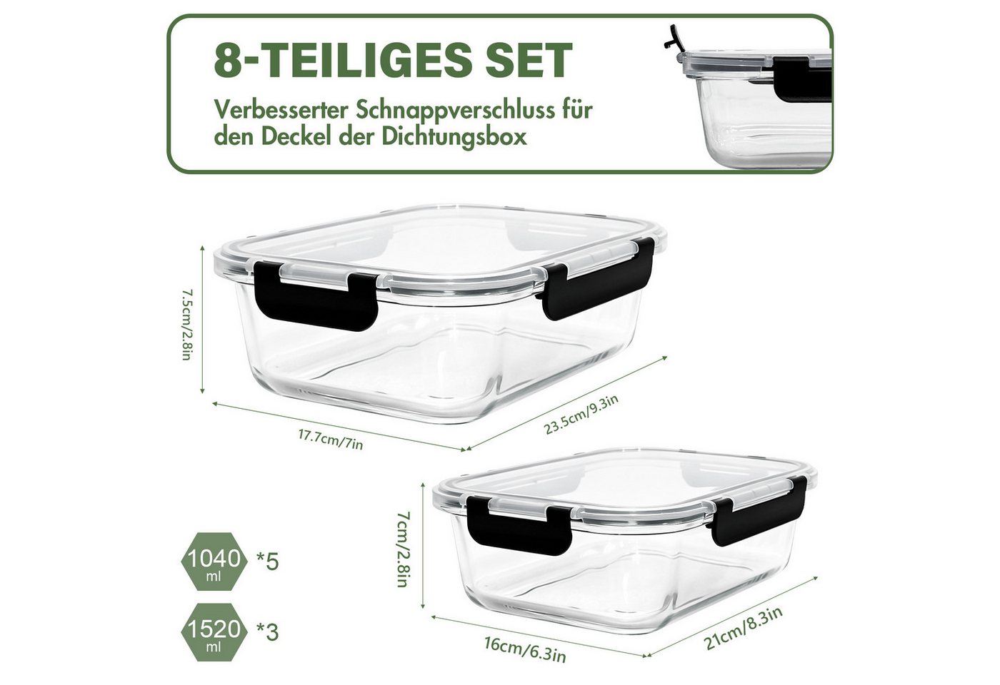 SunJas Frischhaltedose Glasbehälter mit deckel,Frischhaltedosen Glas,5×1040 ml+3×1520 ml, glas, (Glas Frischhaltedose,Glas-Lunchbox,Glas Lebensmittelbehälter, 8 – Bild 2 von 5