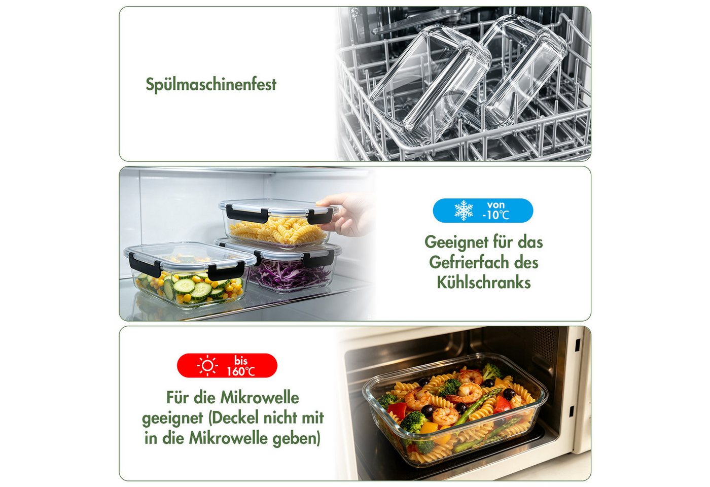 SunJas Frischhaltedose set mit deckel,Glasbehälter mit Deckel,3x1520ml frischhaltedose glas, glas, (meal prep box glas set,lunchbox erwachsene,Glas Lunchbox, 3- – Bild 4 von 5