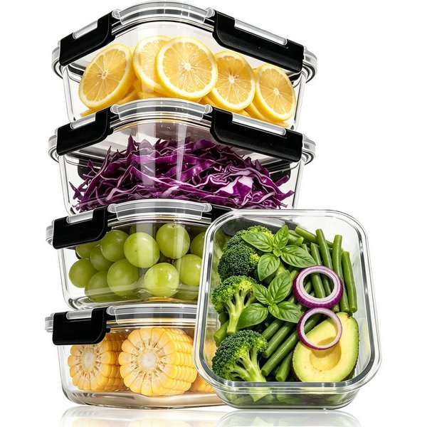 SunJas Frischhaltedose set mit deckel,Glasbehälter mit deckel,5x10140ml frischhaltedose glas, glas, (meal prep box glas set,lunchbox erwachsene,Glas Lunchbox, 5