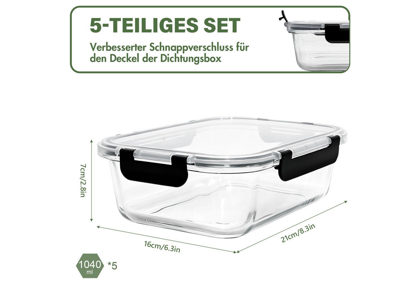 SunJas Frischhaltedose set mit deckel,Glasbehälter mit deckel,5x10140ml frischhaltedose glas, glas, (meal prep box glas set,lunchbox erwachsene,Glas Lunchbox, 5 – Bild 2 von 5