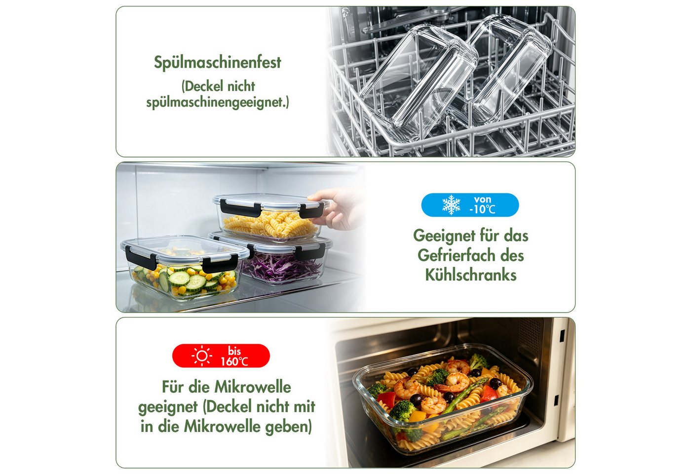 SunJas Frischhaltedose set mit deckel,Glasbehälter mit deckel,5x10140ml frischhaltedose glas, glas, (meal prep box glas set,lunchbox erwachsene,Glas Lunchbox, 5 – Bild 4 von 5