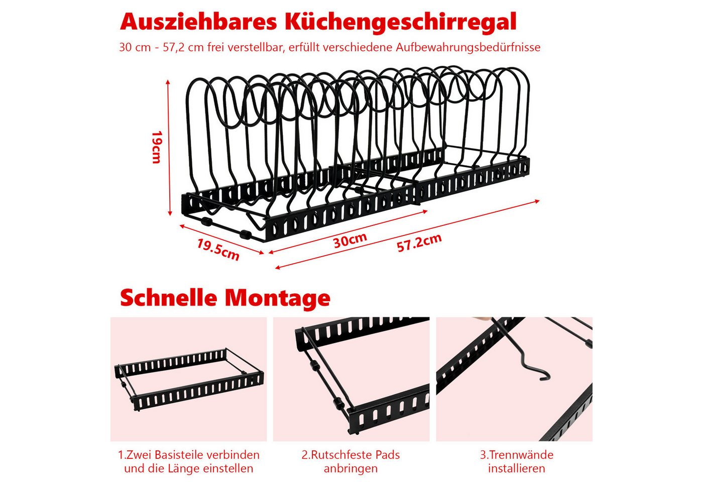 SunJas Geschirrständer Topfdeckelhalter verstellbar Pfannenhalter mit 15 Fächern, Zubehör für Geschirrdeckel Organizer für Schublade & Schrank, Erweiterbarer Kü – Bild 5 von 5