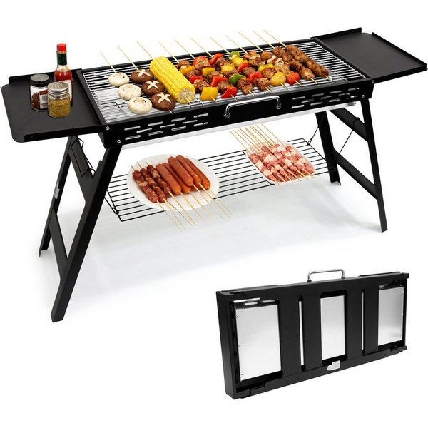 SunJas Holzkohlegrill Tragbarer Klappgrill mit 2 Seitenablagen und Unterablage, BBQ Holzkohle Grill,Standgrill,campinggrill, Grillfläche : 75 cm x 29,5 cm, für 