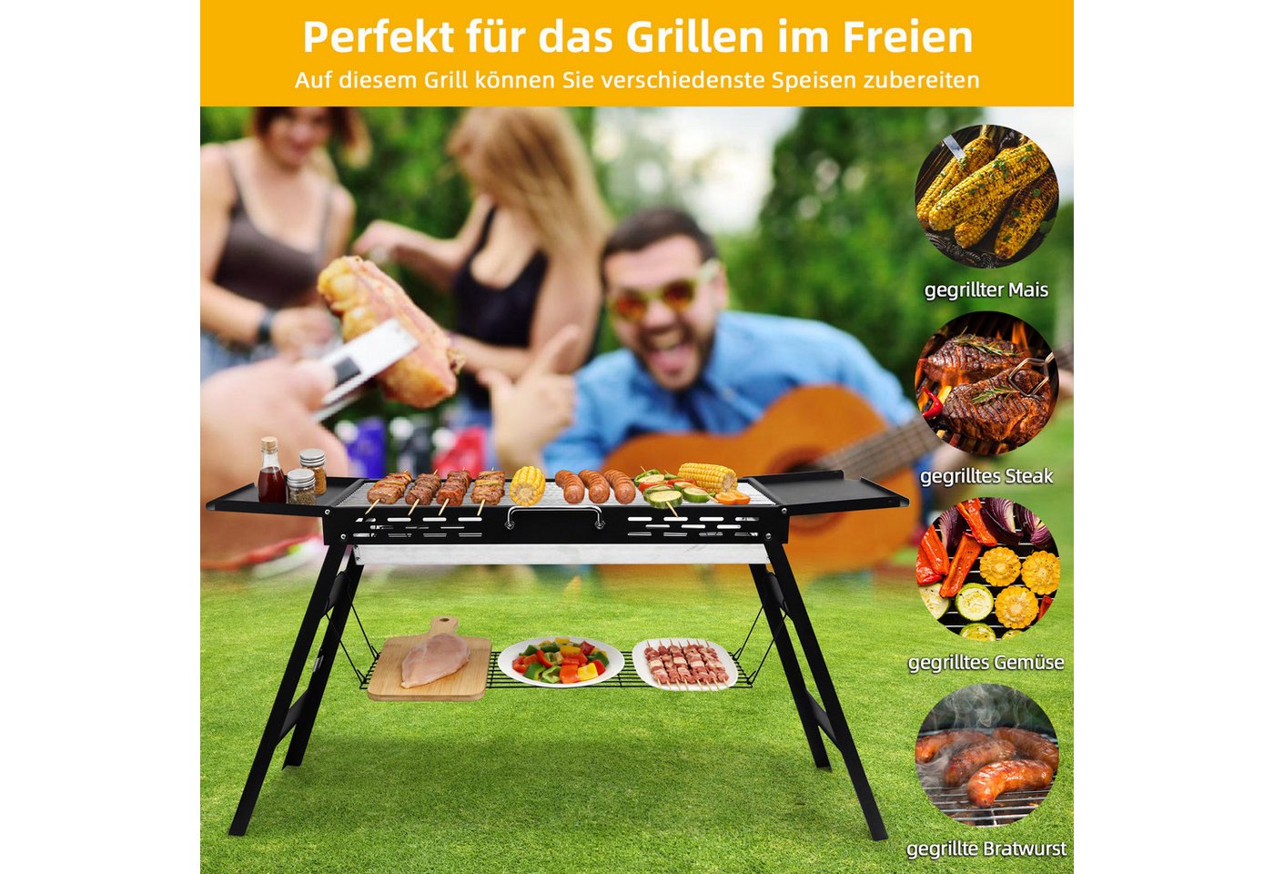 SunJas Holzkohlegrill Tragbarer Klappgrill mit 2 Seitenablagen und Unterablage, BBQ Holzkohle Grill,Standgrill,campinggrill, Grillfläche : 75 cm x 29,5 cm, für  – Bild 2 von 5