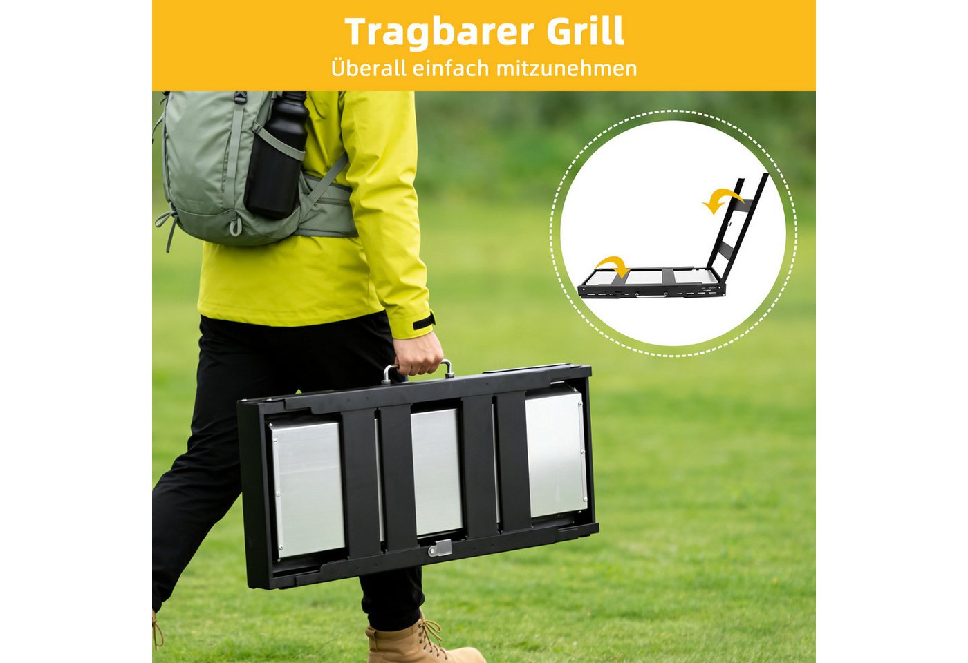 SunJas Holzkohlegrill Tragbarer Klappgrill mit 2 Seitenablagen und Unterablage, BBQ Holzkohle Grill,Standgrill,campinggrill, Grillfläche : 75 cm x 29,5 cm, für  – Bild 3 von 5