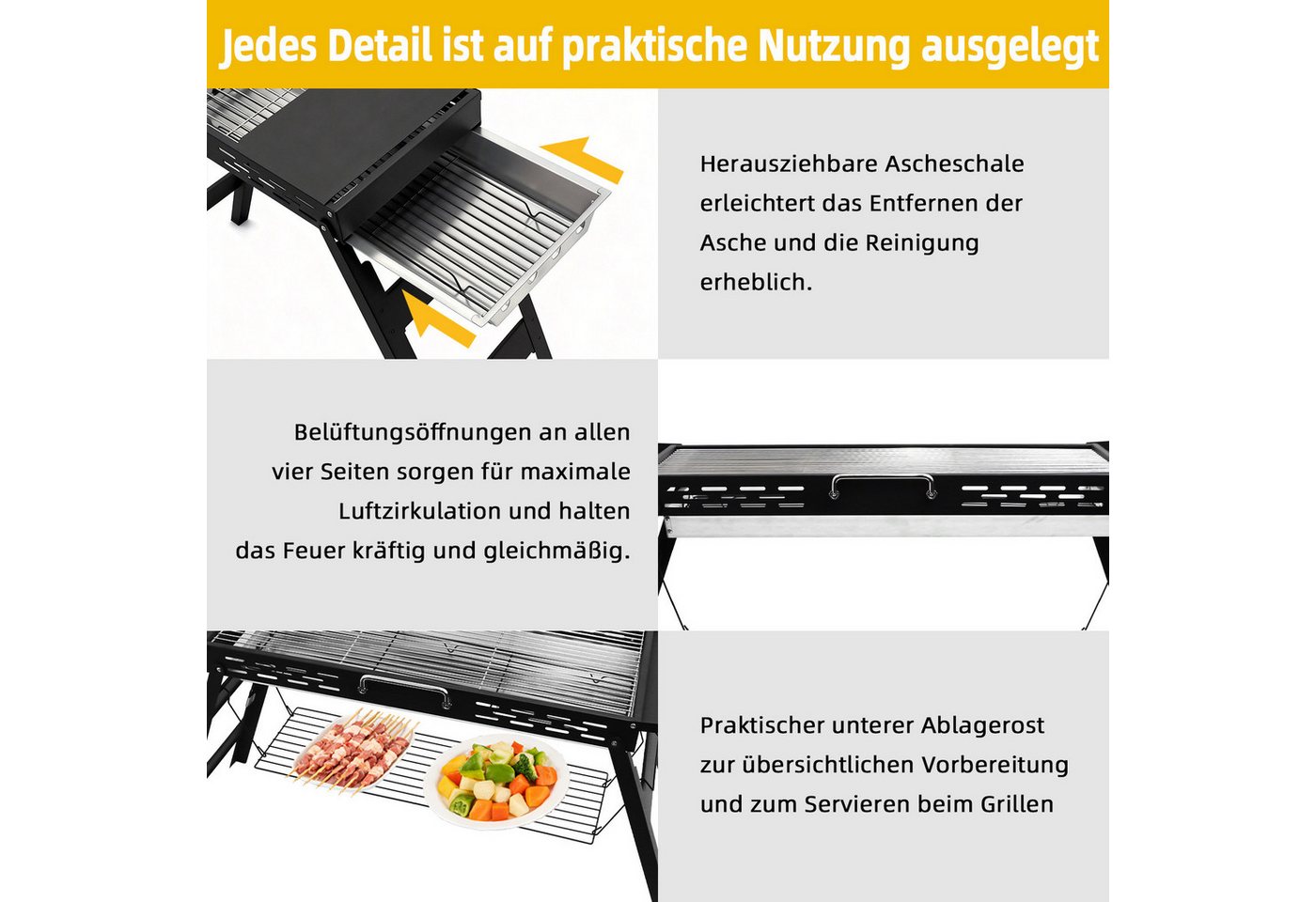 SunJas Holzkohlegrill Tragbarer Klappgrill mit 2 Seitenablagen und Unterablage, BBQ Holzkohle Grill,Standgrill,campinggrill, Grillfläche : 75 cm x 29,5 cm, für  – Bild 4 von 5