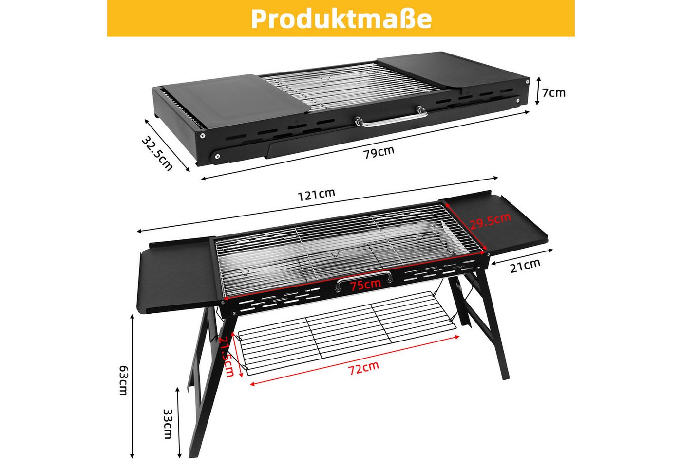 SunJas Holzkohlegrill Tragbarer Klappgrill mit 2 Seitenablagen und Unterablage, BBQ Holzkohle Grill,Standgrill,campinggrill, Grillfläche : 75 cm x 29,5 cm, für  – Bild 5 von 5