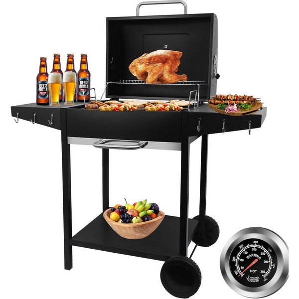 SunJas Holzkohlegrill XXL Grillwagen mit Deckel,Thermometer und Seitentisch, XXL Gartengrill BBQ Grill Standgrill Großer Holzkohlegrill, Grillfläche: 50x42cm fü
