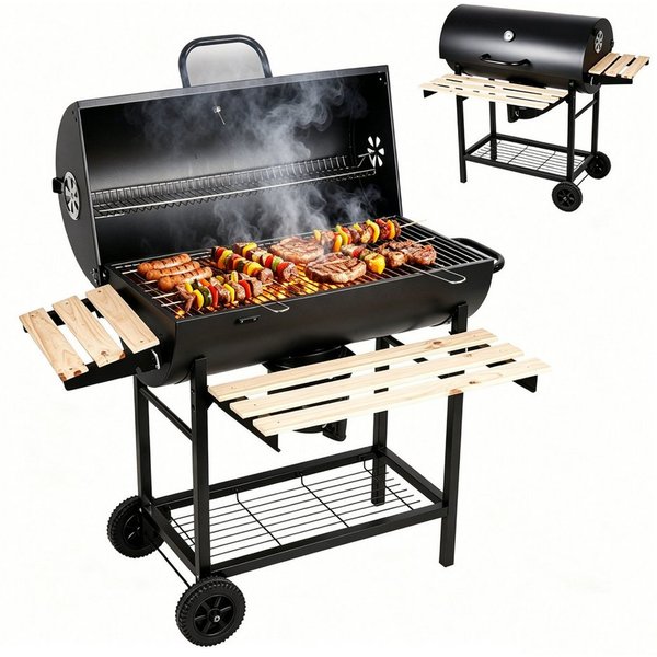 SunJas Holzkohlegrill XXL Grillwagen mit Thermometer, Ascheauffangschale und Seitenablagen, Grillfläche: 75 x 38,5 cm für 8-12 Personen, großer Gartengrill für 