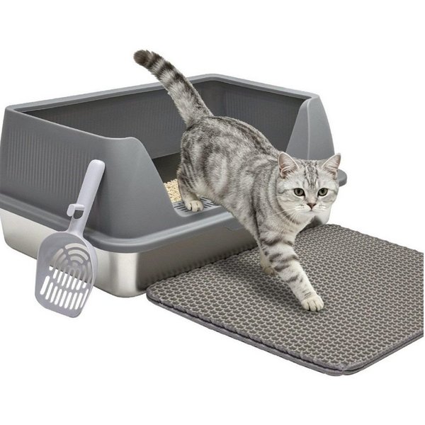 SunJas Katzentoilette Katzenklo Edelstahl XL Halb-Offen Katzentoilette Mit Katzenklo Matte, Maße:60 x 40 x 25, mit Schaufel,Nicht-Klebrig & Einfach zu Reinigen