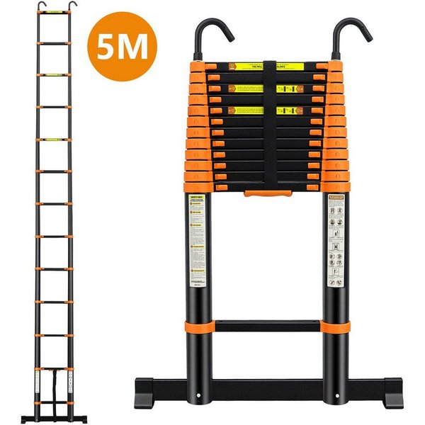 SunJas Teleskopleiter 4.7m/5M Ausziehleiter Anlegeleiter Multifunktionsleiter bis 150kg (mit abnehmbaren Haken, Außen‑Arbeitsleiter,höhenverstellbare Leiter,sch