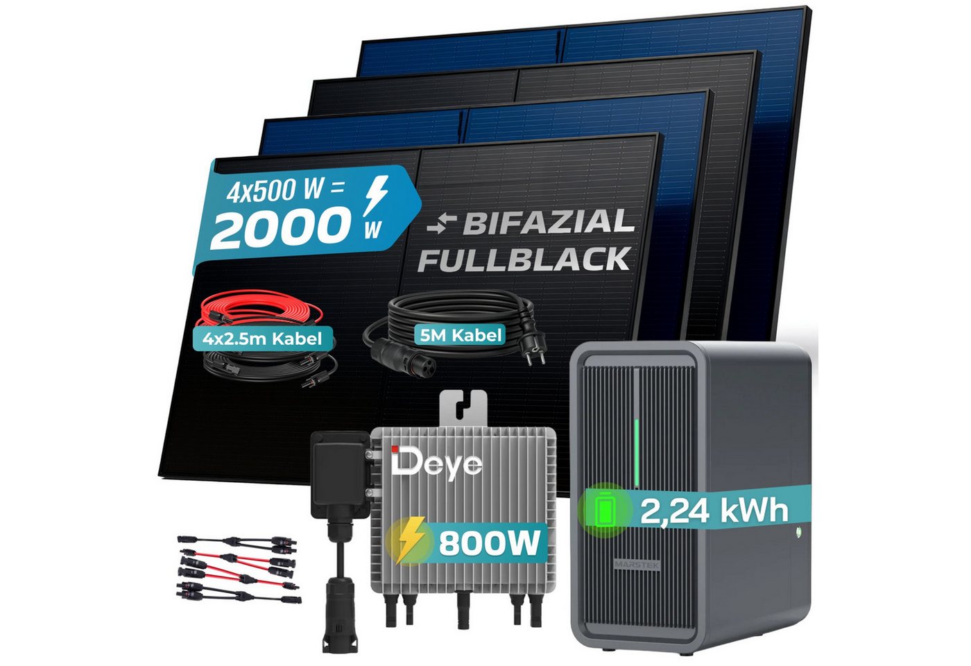 SUNNIVA Balkonkraftwerk 2000W Deye mit 2,24 kWh Speicher MARSTEK B2500-D, (BIFAZIAL FULLBLACK komplett Steckdose, PV Solaranlage Komplettset mit Solarspeicher,  – Bild 2 von 5