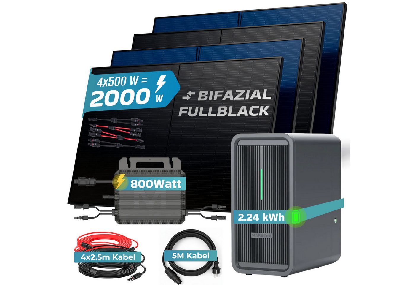 SUNNIVA Balkonkraftwerk 2000W mit 2,24 kWh Speicher MARSTEK B2500-D, (BIFAZIAL FULLBLACK komplett Steckdose, PV Solaranlage Komplettset mit Solarspeicher, 4x 50 – Bild 2 von 5
